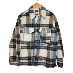 Zara Mens Blue Brown Plaid Shirt Jacket Wool Blend Long Sleeve Size XL NWT